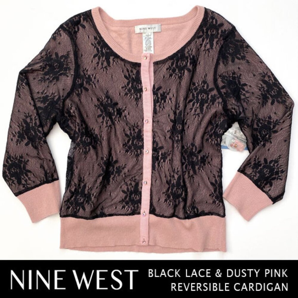 NWT Nine West Reversible Black Lace/Dusty Pink Cardigan Size L